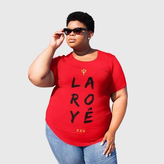 Camiseta Feminina Laroyê Exu Plus Size  100% Algodão Fio 30.1, 165g com costura reforçada de alta qualidade e gola ribana