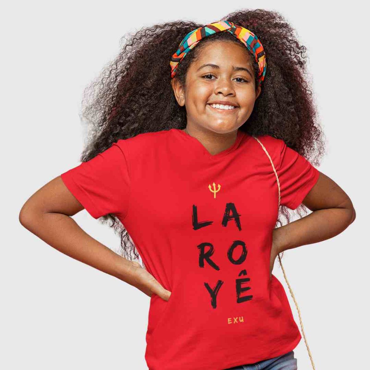 Nome do produto: Camiseta Exu Infantil Saudação Laroyê 100% Algodão Fio 30.1, 165g com costura reforçada de alta qualidade
