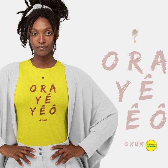 Camiseta  Saudação Orixá Oxum - Orayêyê Oxum Baby Long Feminina Amarela