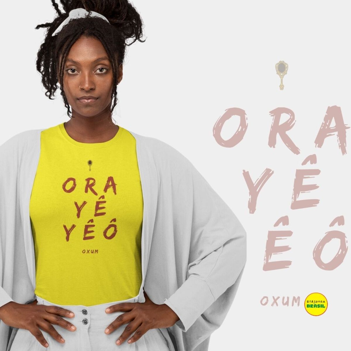 Nome do produto: Camiseta  Saudação Orixá Oxum - Orayêyê Oxum Baby Long Feminina Amarela