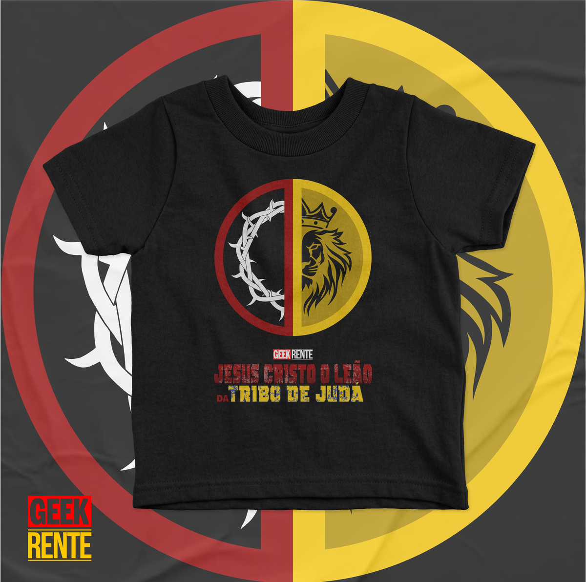 Nome do produto: Camiseta Infantil DEADPOOL & WOLVERINE - JESUS CRISTO LEÃO DA TRIBO DE JUDÁ