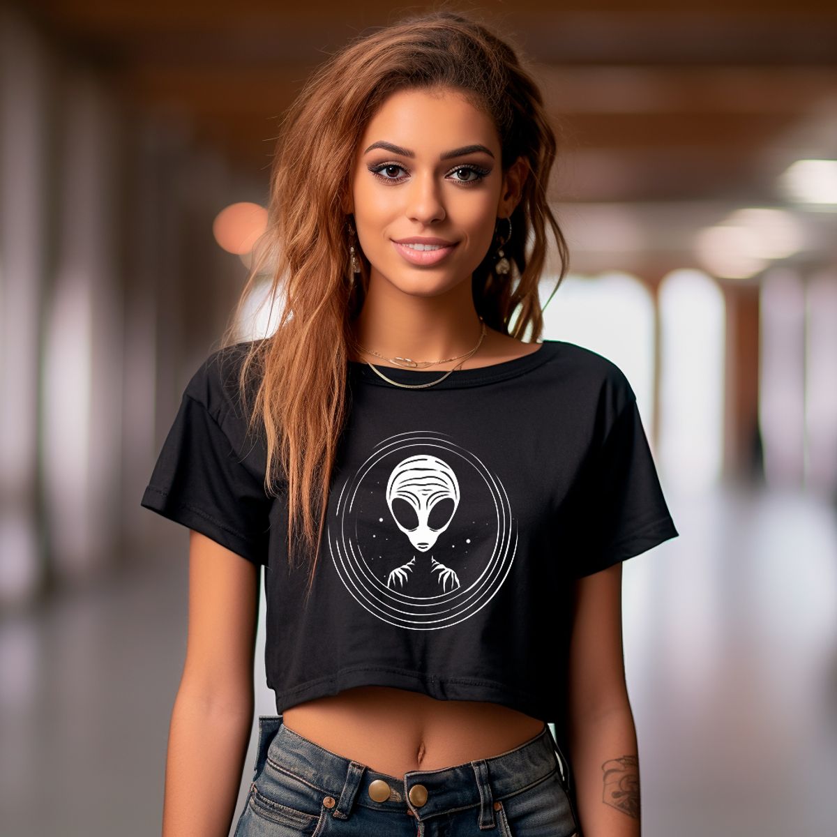 Nome do produto: Camiseta Cropped Alien Feminina - Emissário do universo